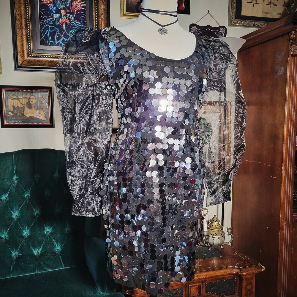 Gabrielle Union NY&C Silver Sequin Mini Dress Sheer Sleeve‎ Party Glam NWT - Picture 2 of 7